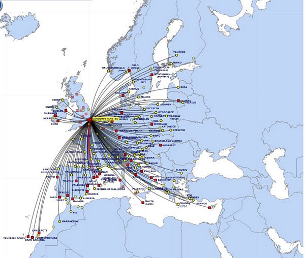 Siatka połączeń Ryanair z wylotem ze Stansted